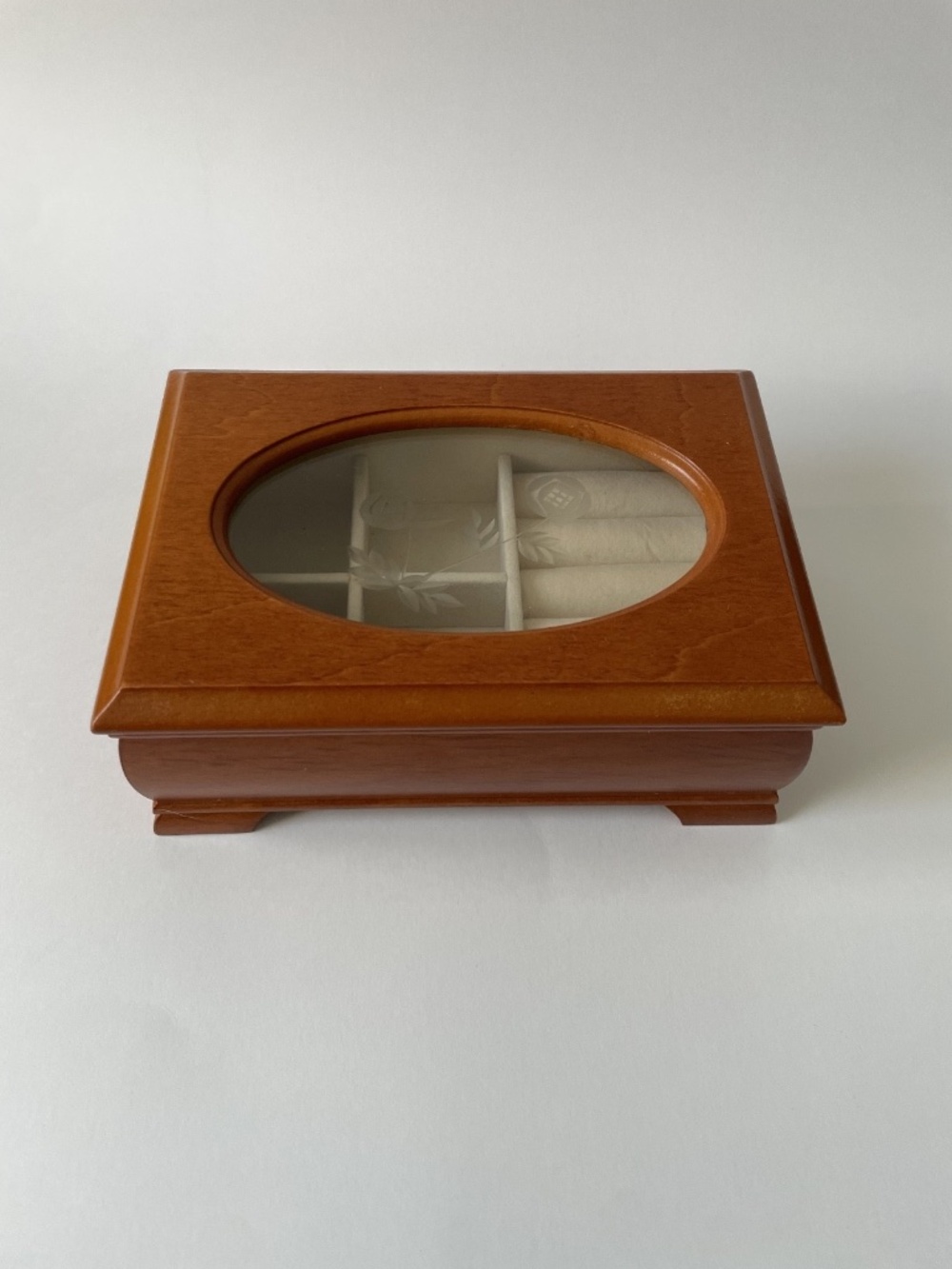 Vintage Small Wood Jewelry Box Glass Lid Etched Flower Design Trinket Box